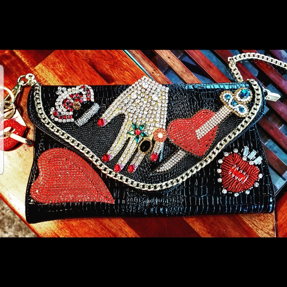 Bejeweled Black Clutch Womens Handbag